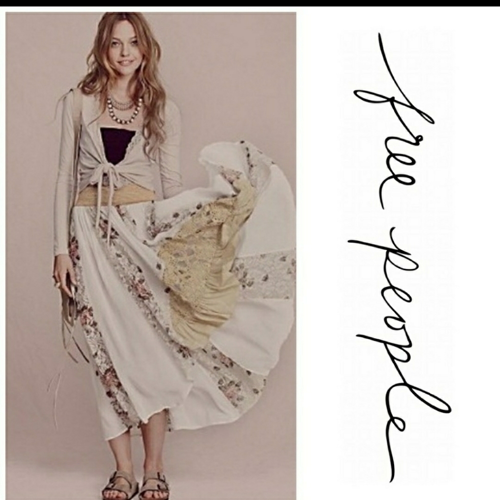 Free People Cream and Yellow Patchwork High-Low Skirt